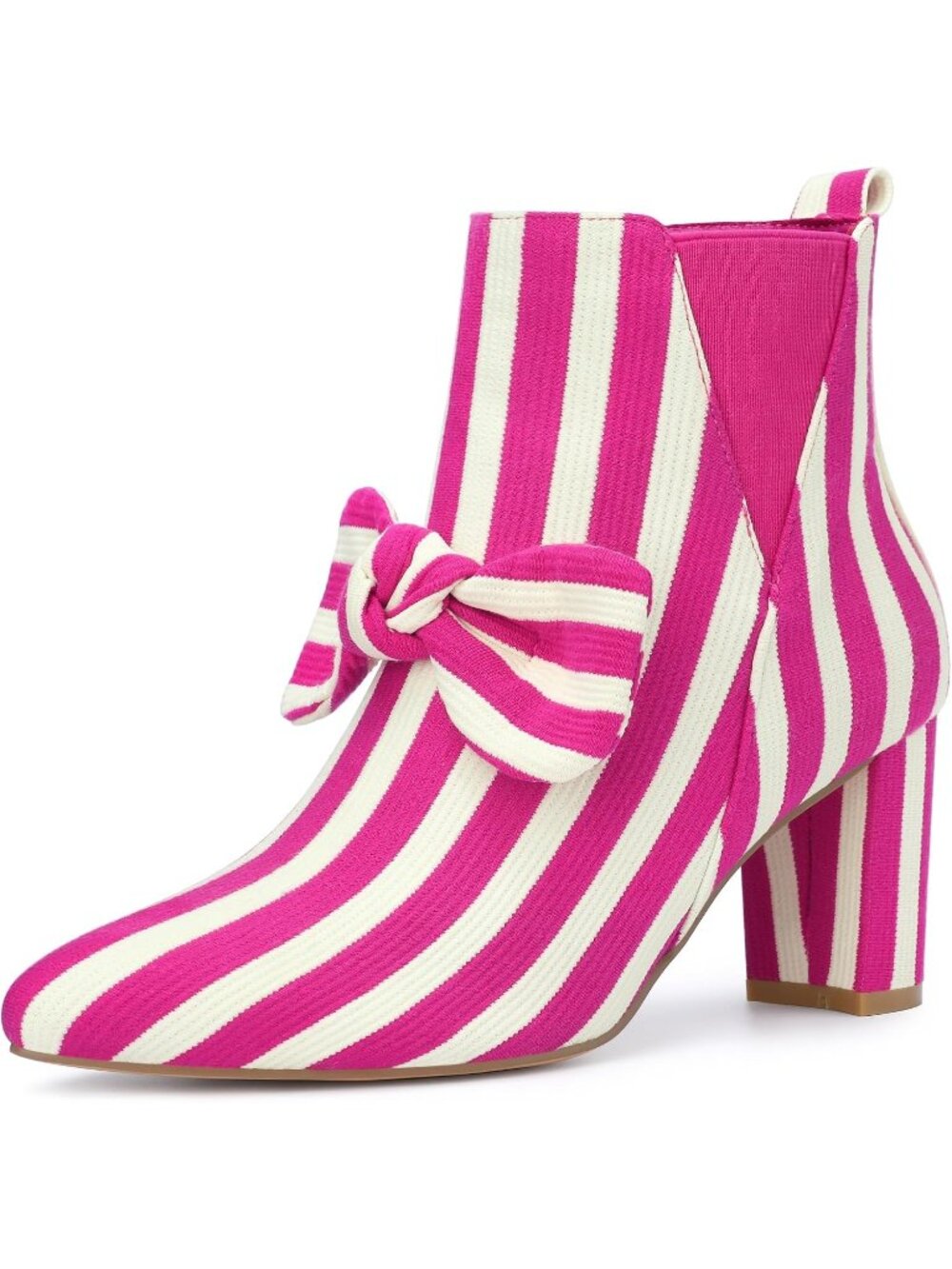 Women's Hot Pink Pointed Toe Side ZIP Striped Pattern Chunky Heels Ankle Boots